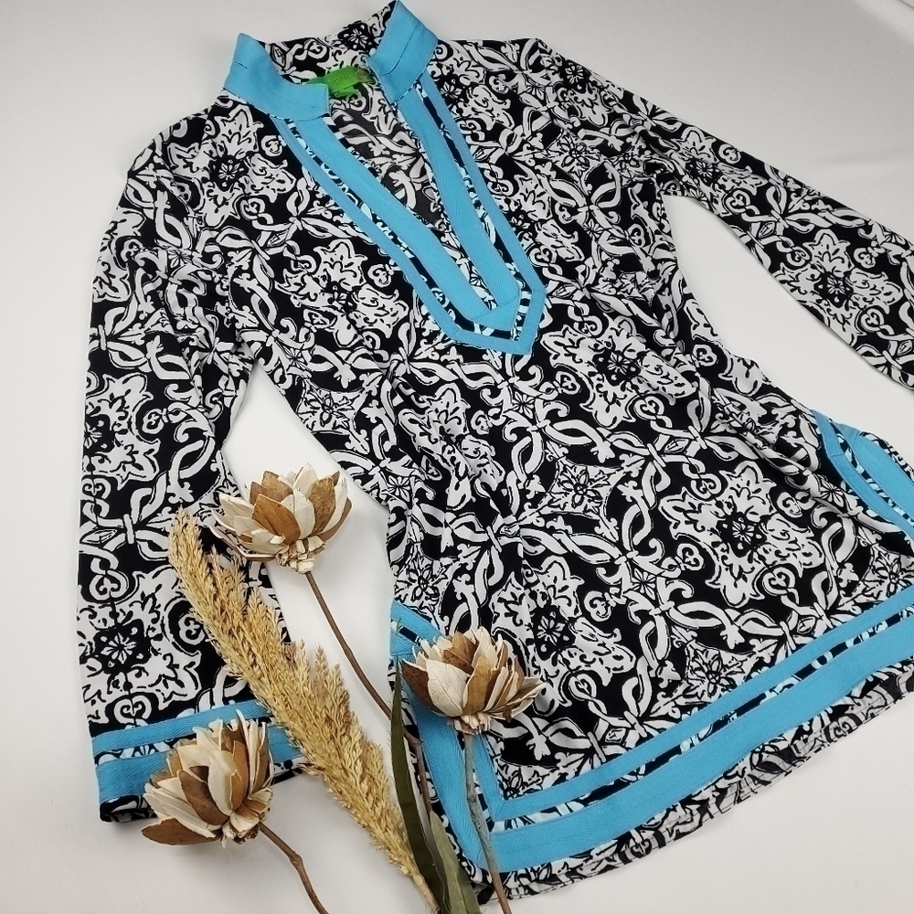 Island Republic Blk Wht Blue Boho Tunic Top Med - Picture 9 of 15